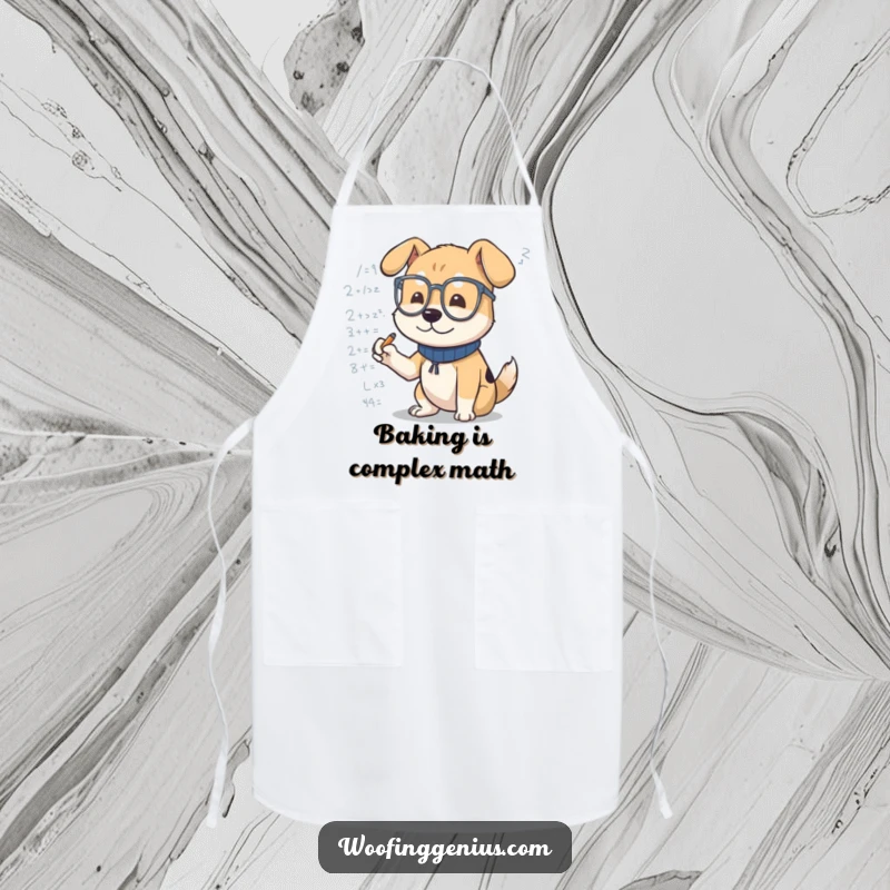Funny dog apron designed like a lab coat, with a dog in glasses scribbling formulas. Perfect for kitchen experiments.