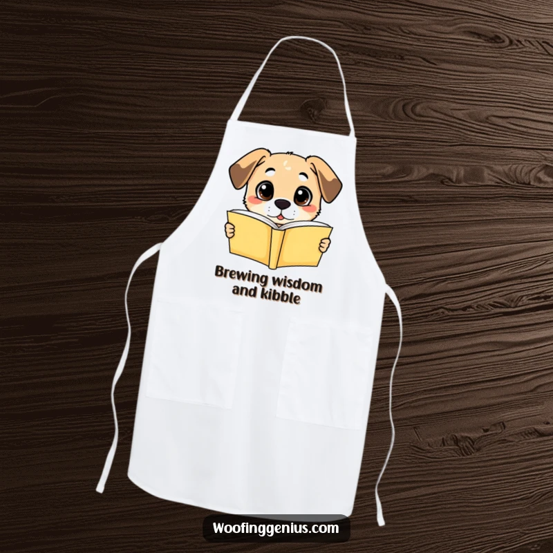 Funny apron: a dog with bright, comprehending eyes holding an open book, symbolizing smarts and culinary inspiration.