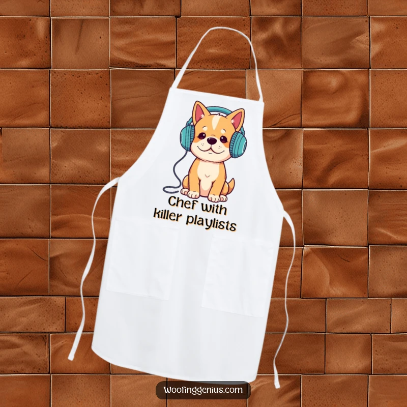 Funny dog wearing headphones, cooking and enjoying music, on a chef's apron.