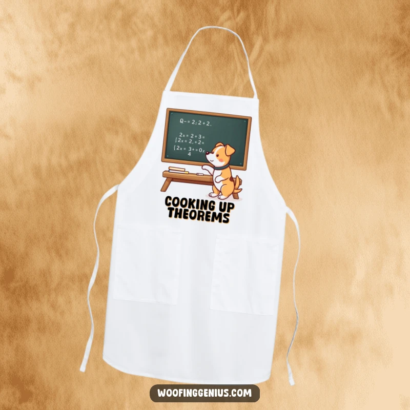 Funny apron with a smart dog pointing to a complex mathematical equation on a chalkboard, ready to cook with brains.