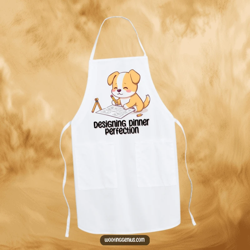 Funny Apron: A dog is shown sketching intricate blueprints with a tiny pencil, ready to design a meal.