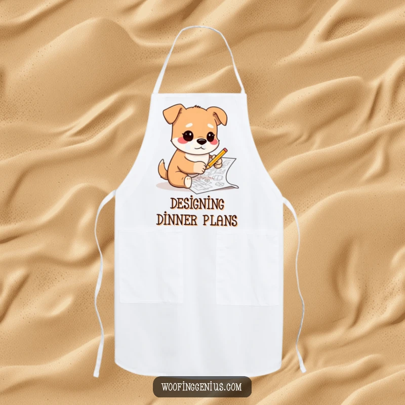 Funny apron depicting a dog wearing glasses and sketching complex blueprints with a tiny pencil, perfect for kitchen use or as a humorous gift.