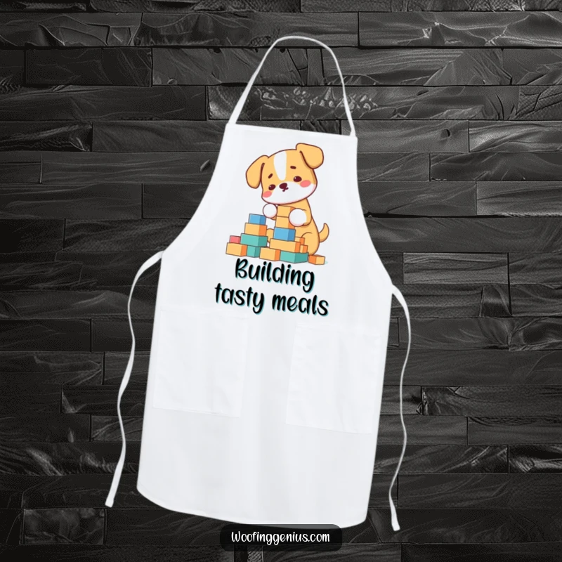 Funny Apron: Dog meticulously arranging building blocks into a tower, a humorous and practical kitchen accessory.
