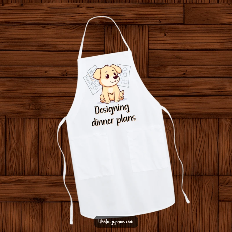 Funny apron illustration of a dog looking thoughtfully at blueprints, planning a culinary masterpiece.