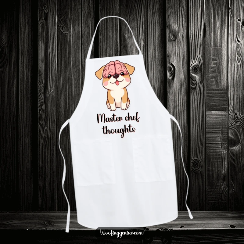 Funny apron with a dog with a comically large brain shape peeking out from its head while cooking.