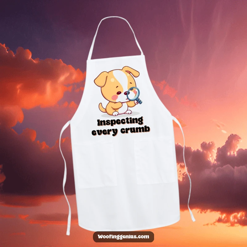 Funny apron with a dog holding a magnifying glass, inspecting a tiny object, ready to cook with precision.