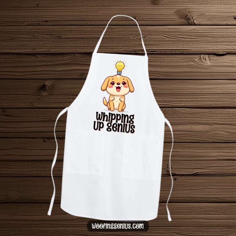 Funny dog apron showing a dog with a lightbulb, ready to assist in the kitchen with brilliant ideas.