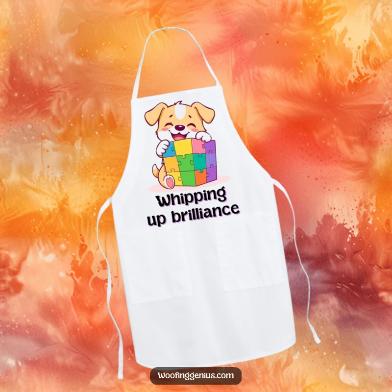 Funny apron depicting a clever dog concentrating on solving a vibrant multi-colored puzzle cube, perfect for kitchen fun.