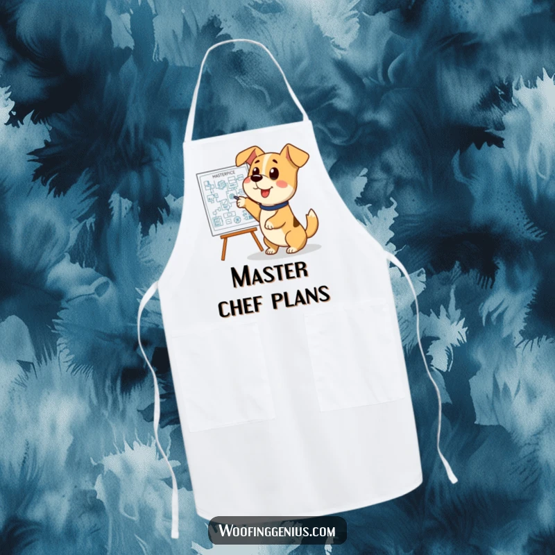 Funny dog blueprint apron, a dog chef pointing at a complex cooking blueprint, ideal for kitchen use.