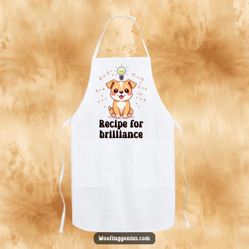 Funny dog apron showing a dog surrounded by floating equations, a lightbulb above indicating a brilliant idea.