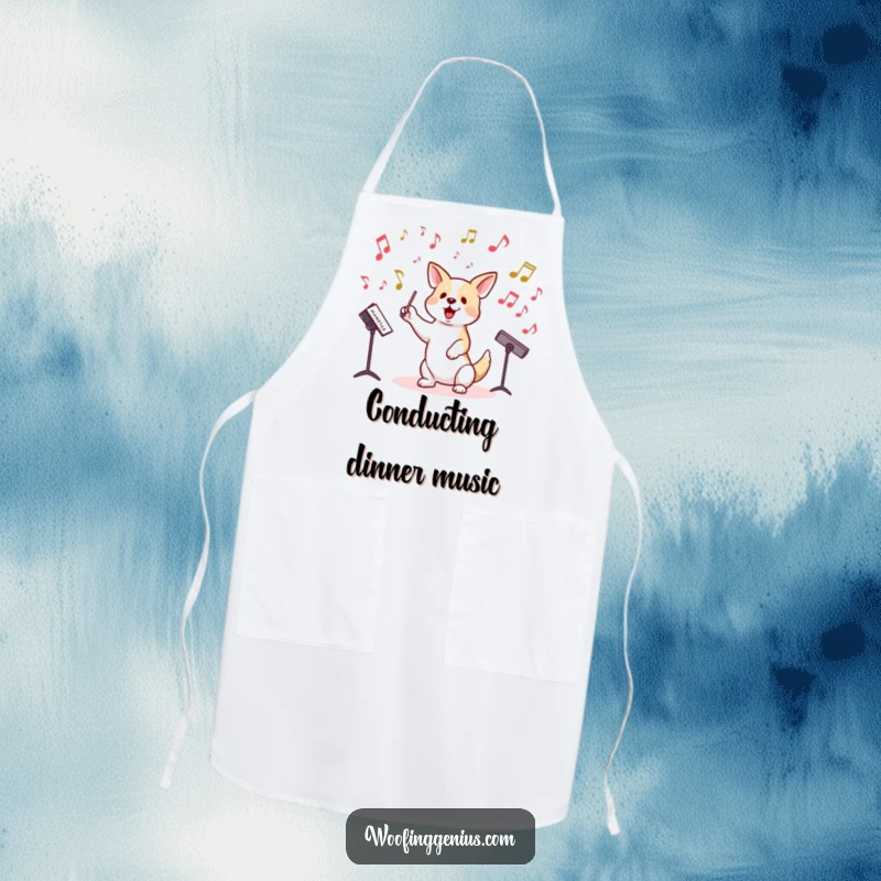 Funny apron showing a dog conducting musical notes, ready for kitchen duties.