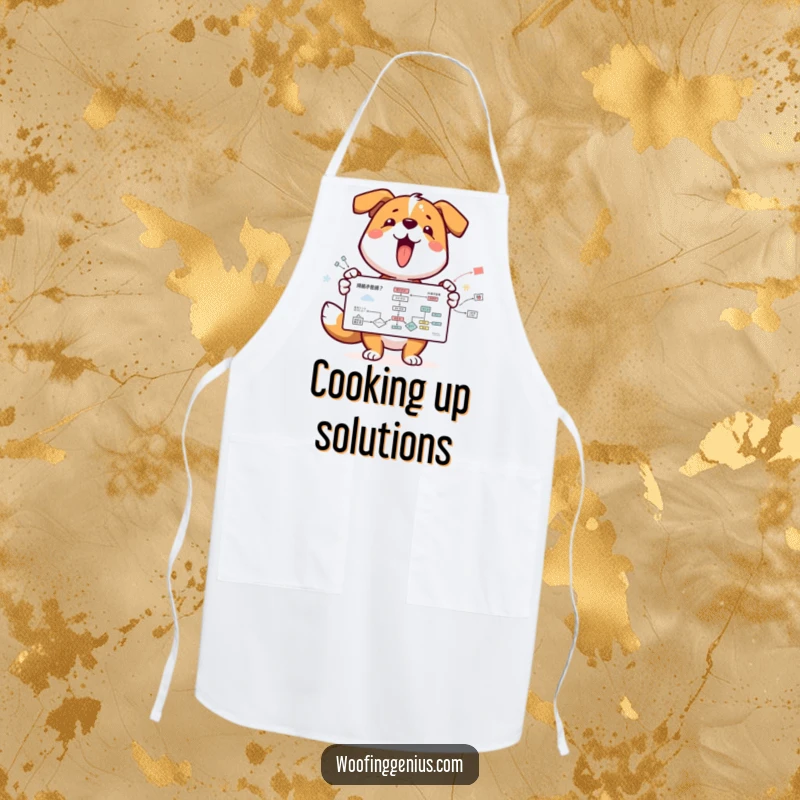 Funny dog character wearing an apron, presenting a cooking flowchart with a smile, perfect for kitchen enthusiasts.