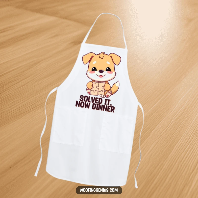 Funny dog apron, a smart dog with a smirk solving a jigsaw puzzle, perfect for kitchen antics and gifting.