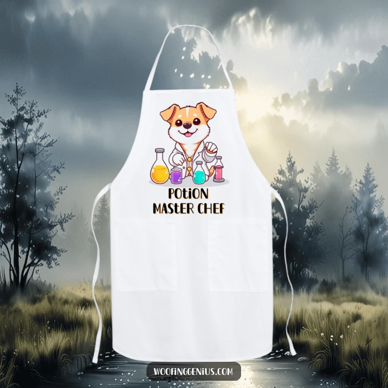 Funny dog apron showing a dog in a lab coat mixing colorful liquids with a smile.