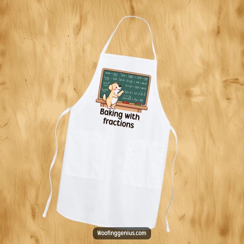 Funny dog apron showing a dog pointing at complex math equations on a chalkboard, ready for kitchen tasks.