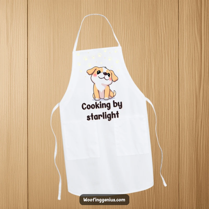 Funny dog looking at paw print constellations in the sky, adding humor and charm to this functional cooking apron. Funny gift.