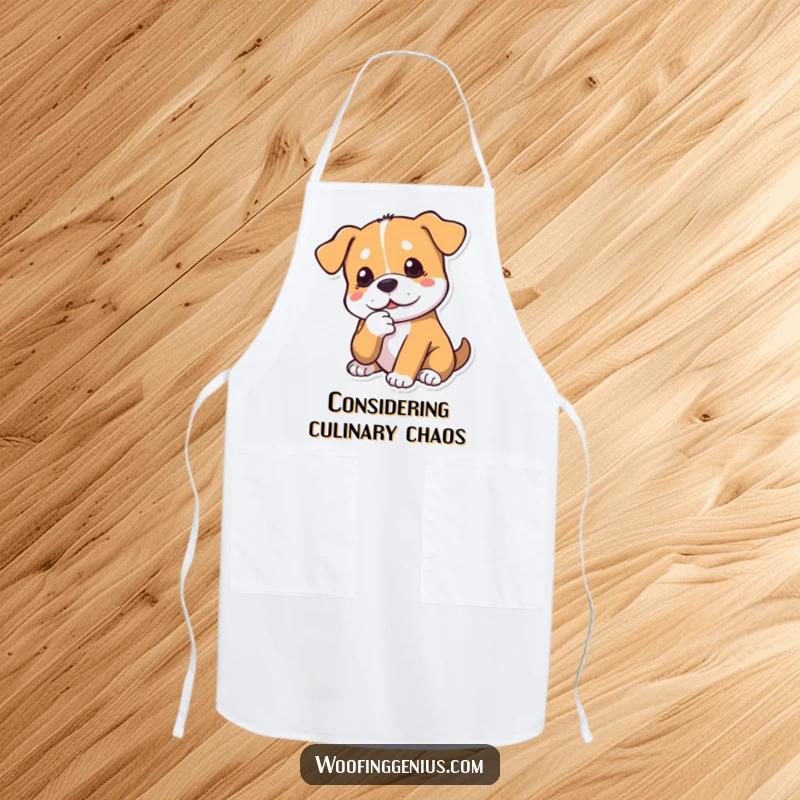 Funny dog apron showing a dog tapping its chin thoughtfully. Ideal for kitchen contemplation.