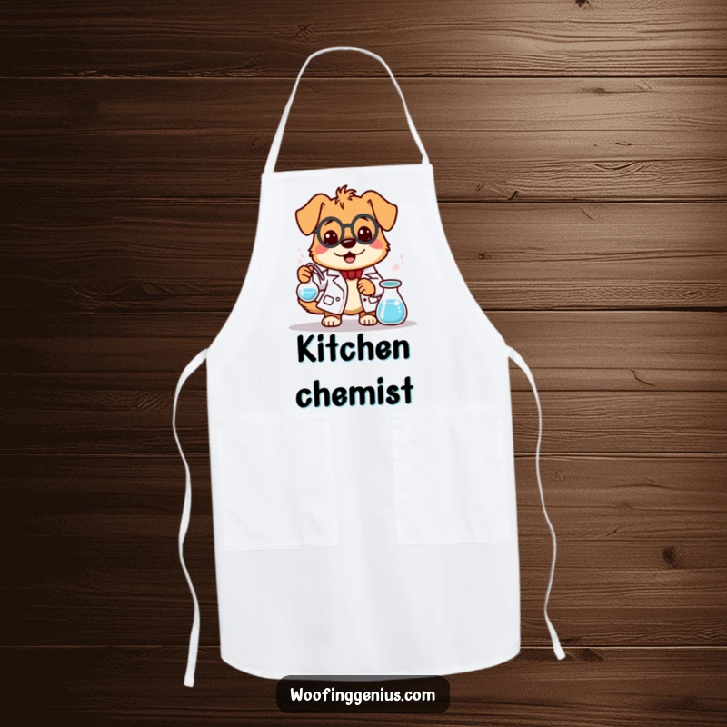 Funny dog scientist wearing an apron, stirring a bubbling beaker, ready for kitchen experiments and fun.