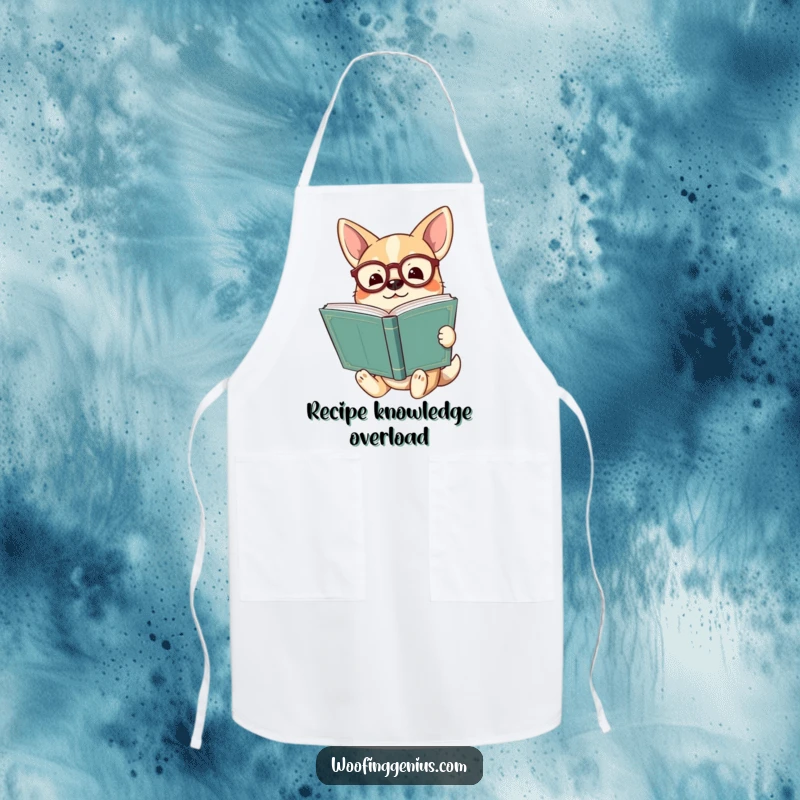 Funny dog wearing spectacles holding a huge ancient book, looking enlightened on a kitchen apron, ready to cook.