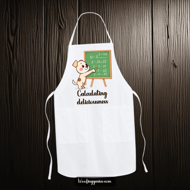 Funny apron illustration of a dog pointing at a blackboard covered in complex scientific and mathematical equations.