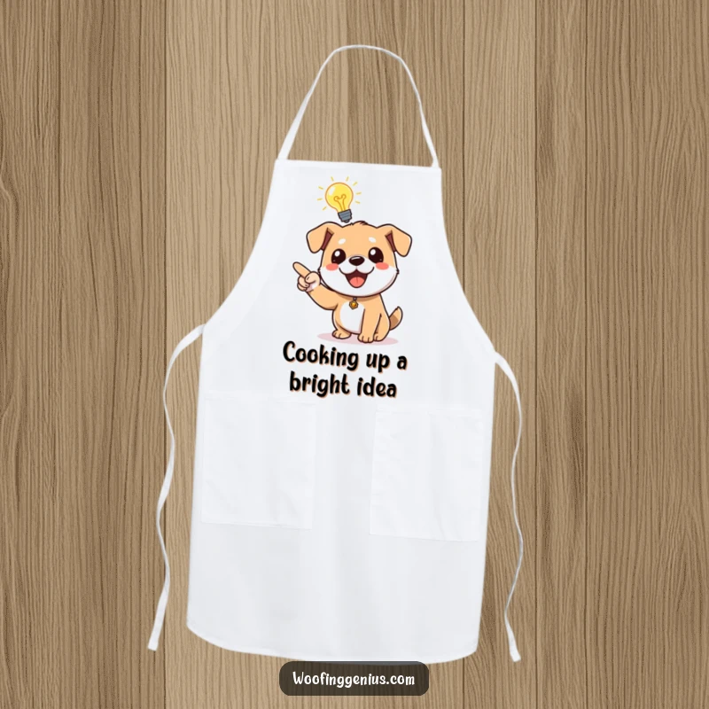 Funny dog with a lightbulb above its head, pointing with enthusiasm, a humorous apron for the kitchen.