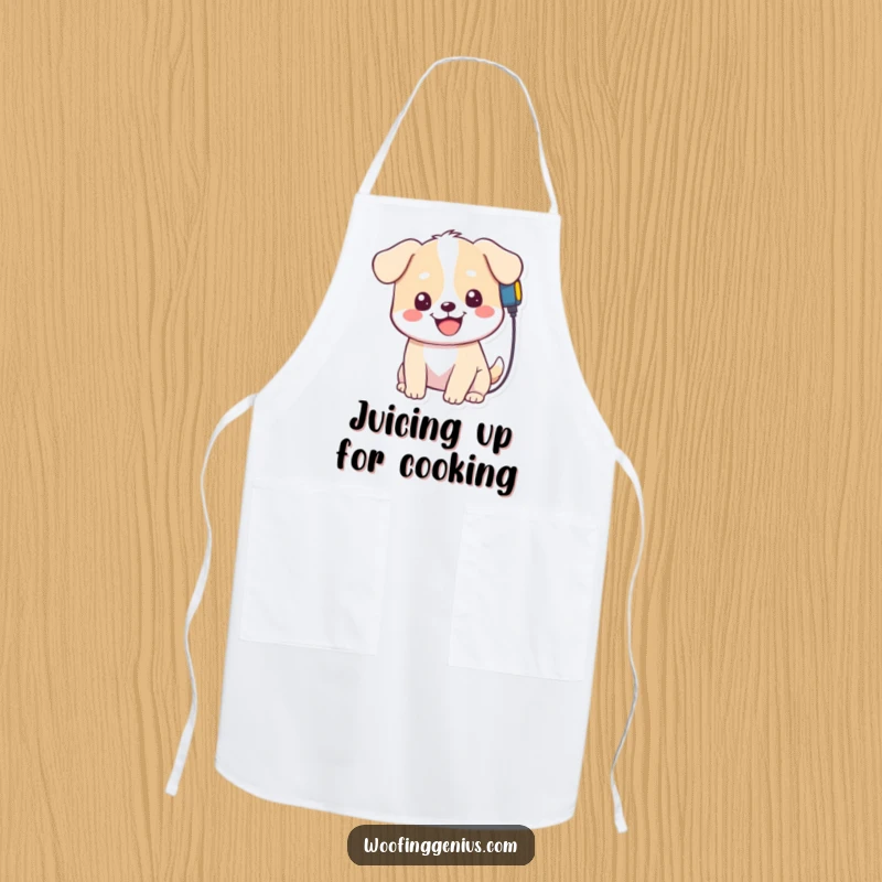 Funny Kawaii Dog Apron: Cute character plugging a charger into its head while cooking, a practical and funny addition.