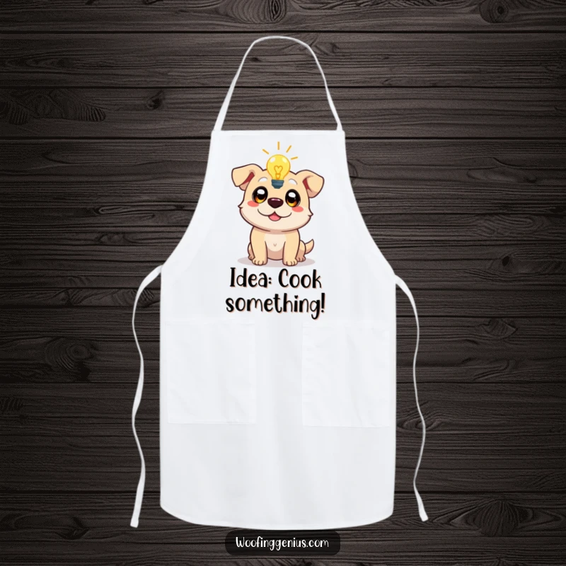 Funny apron depicting a dog character with a lit lightbulb above its head, eyes wide with inspiration, perfect for the creative cook.