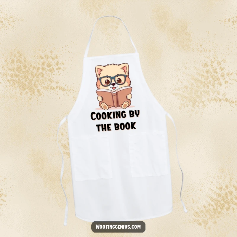 Funny apron with a fluffy dog wearing oversized glasses, intently studying a large book while cooking.