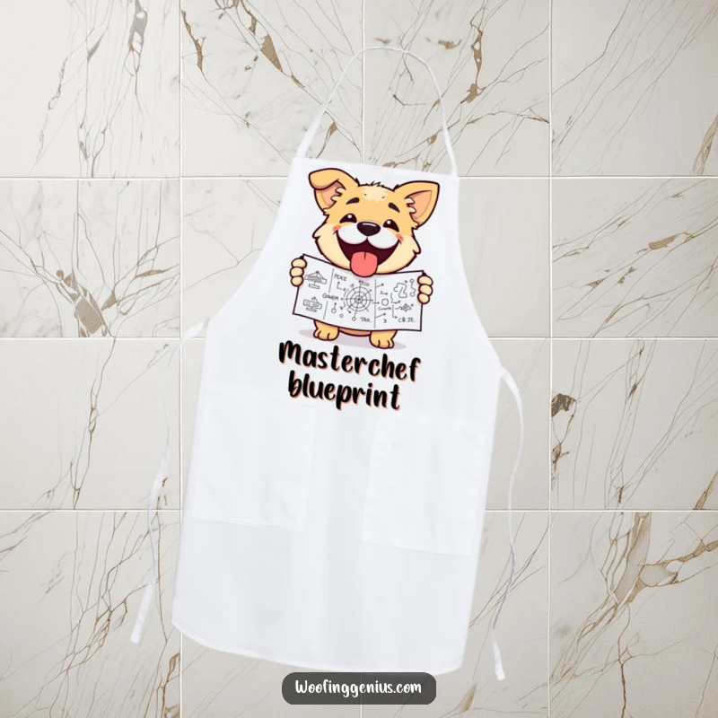 Funny dog apron showing a dog grinning triumphantly, holding a complex diagram. Perfect for culinary problem-solvers.