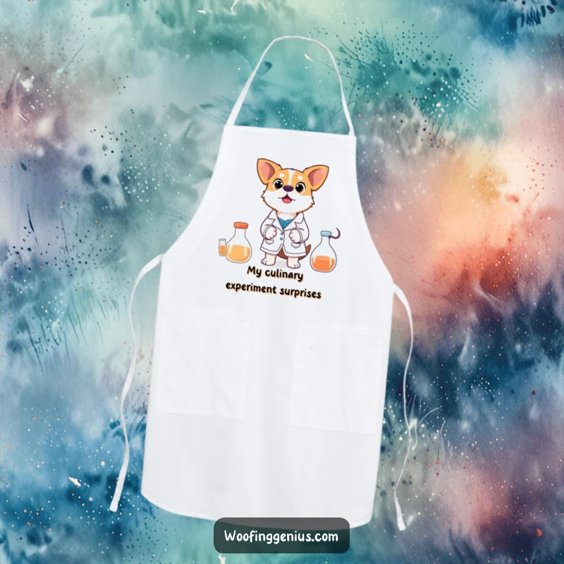 Funny Apron: A dog in a lab coat looks shocked by a chaotic experiment, ready for kitchen scientific endeavors.