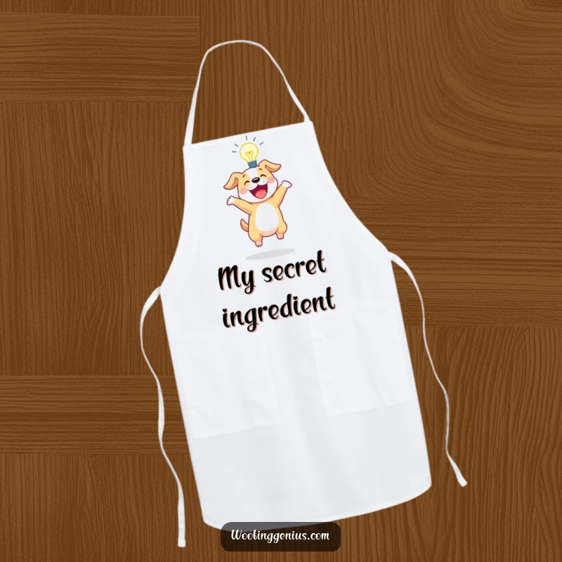 Funny apron with an excited dog bouncing with a glowing lightbulb above its head while cooking.