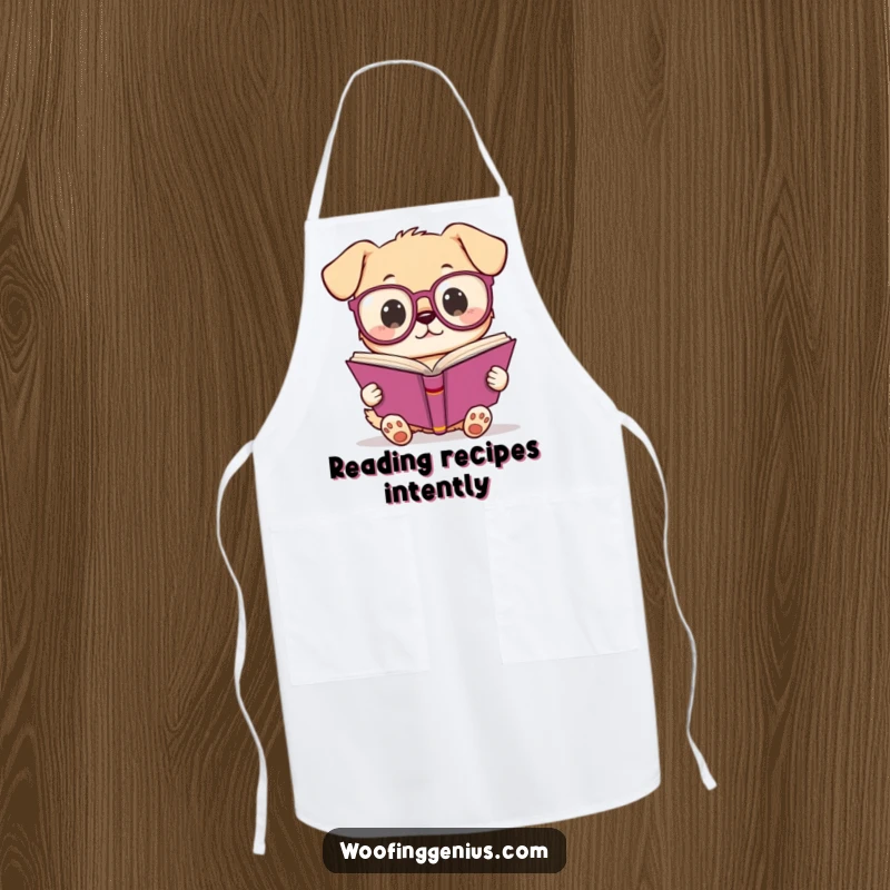 Funny Kawaii dog in spectacles reading a cookbook, a humorous apron for chefs and bakers, adding personality to kitchen activities.