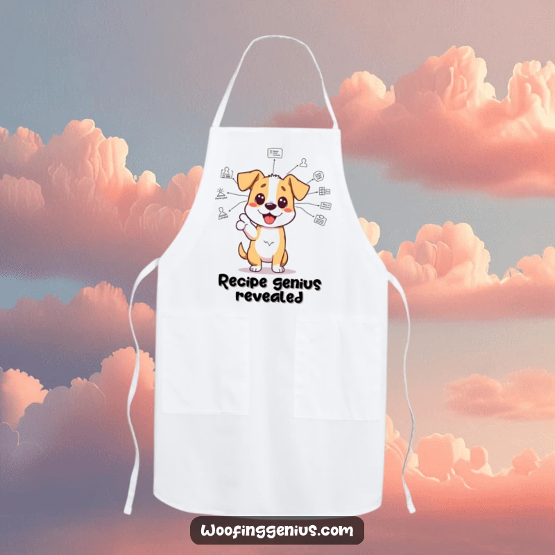 Funny brainy dog apron: an excited dog gestures towards a complex diagram, ideal for the smart cook in the kitchen.
