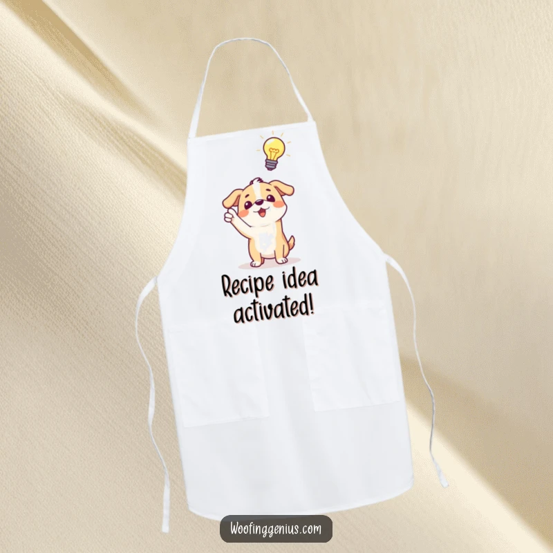 Funny apron: a dog pointing excitedly at a glowing lightbulb above its head, representing a moment of brilliant inspiration.
