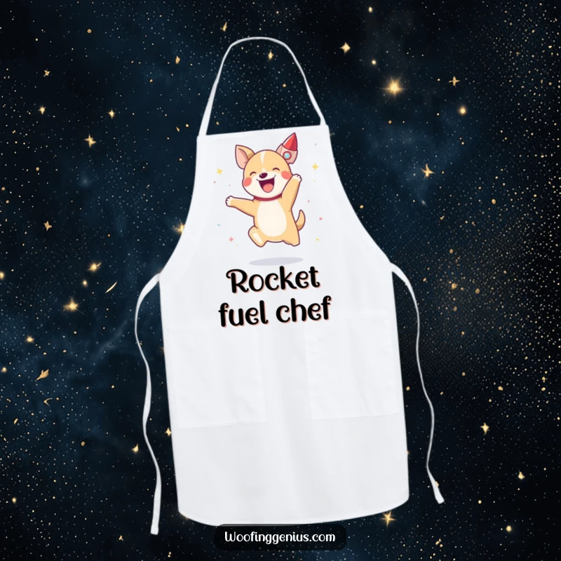 Funny dog in a chef hat, jumping with excitement as a tiny rocket ship blasts off, kitchen-ready.