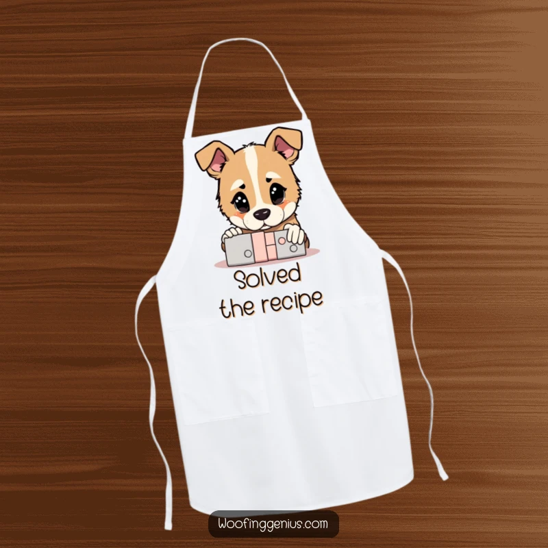 Funny Apron: Dog with a thoughtful gaze looking at a solved puzzle, a humorous and practical kitchen accessory.