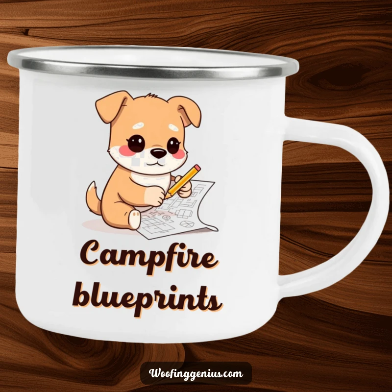 Funny camping mug showing a dog sketching complex blueprints with a tiny pencil, perfect for outdoor adventures and inspiring designers.