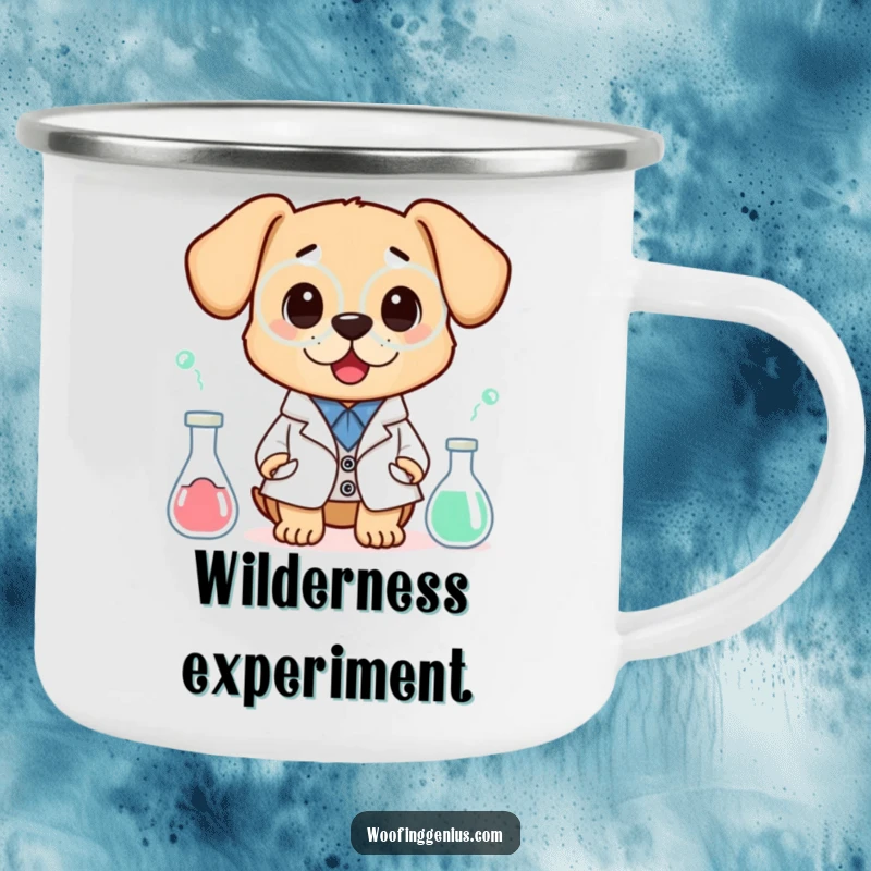 Funny camping mug showing a dog in a lab coat looking surprised by an experiment, perfect for outdoor adventures and science enthusiasts.