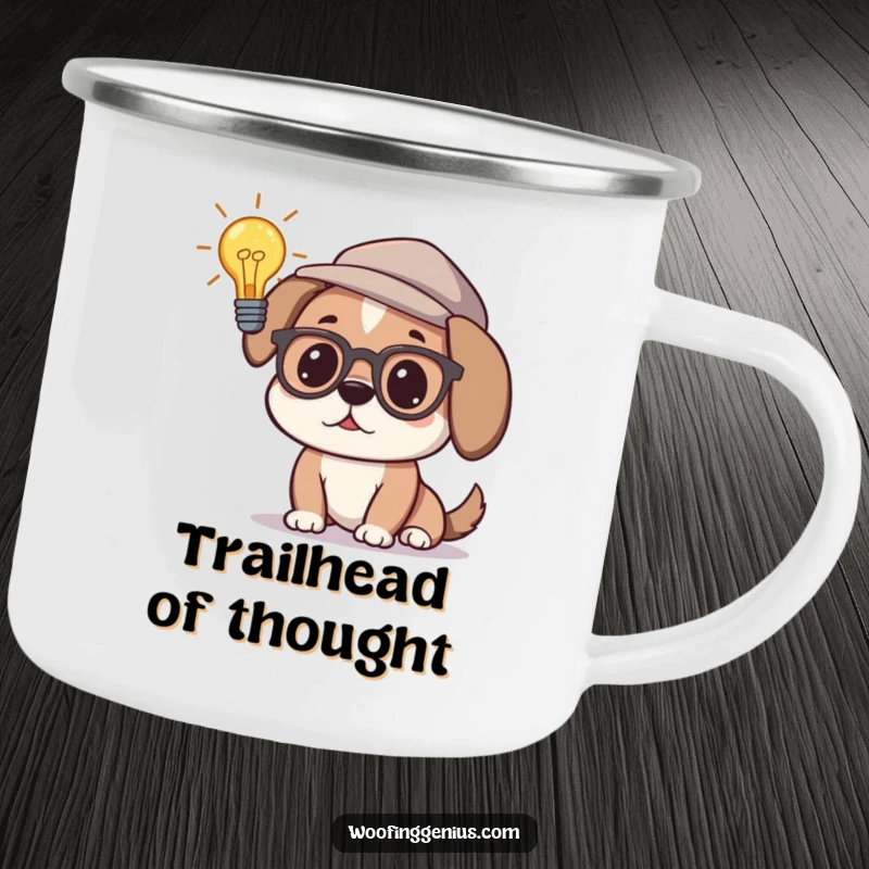 Funny camping mug showing a dog in glasses and a thinking cap, pondering a lightbulb, perfect for outdoor adventures and inspiring thinkers.