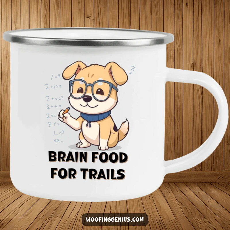 Funny dog camping mug with a dog in glasses scribbling mathematical formulas. Durable and humorous for smart adventurers.
