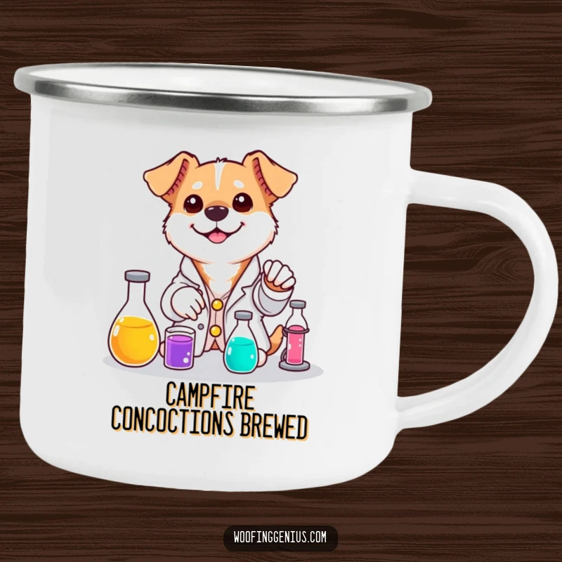 Funny dog camping mug featuring a dog in a lab coat mixing colorful liquids with a smile.