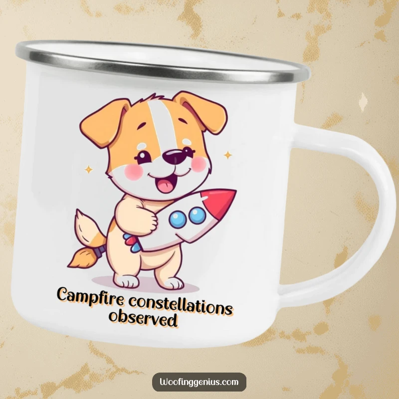 Funny dog camping mug featuring a dog with a eureka expression holding a miniature rocket ship.