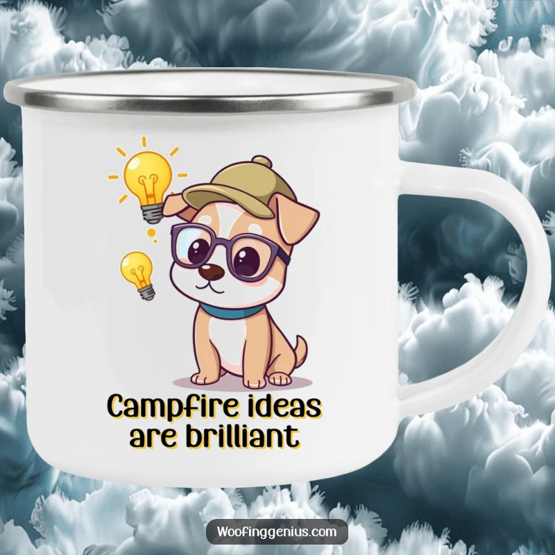 Funny Camping Mug: A dog in glasses and a thinking cap contemplates a lightbulb, symbolizing cleverness for outdoor enthusiasts.