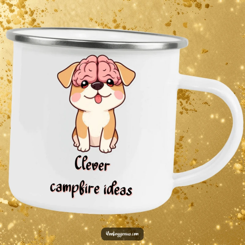 Funny camping mug with a dog with a comically large brain shape peeking out from its head.