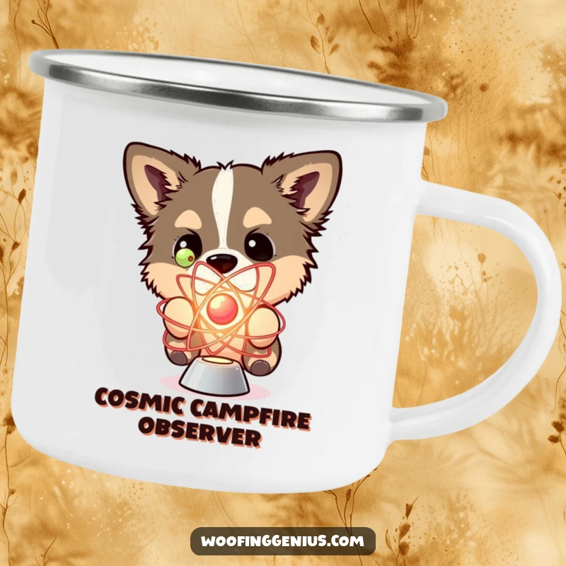 Funny camping mug showing a dog curiously examining a spinning atom model.