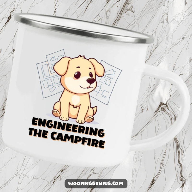 Funny camping mug showing a dog thoughtfully considering blueprints, ideal for outdoor design and planning.