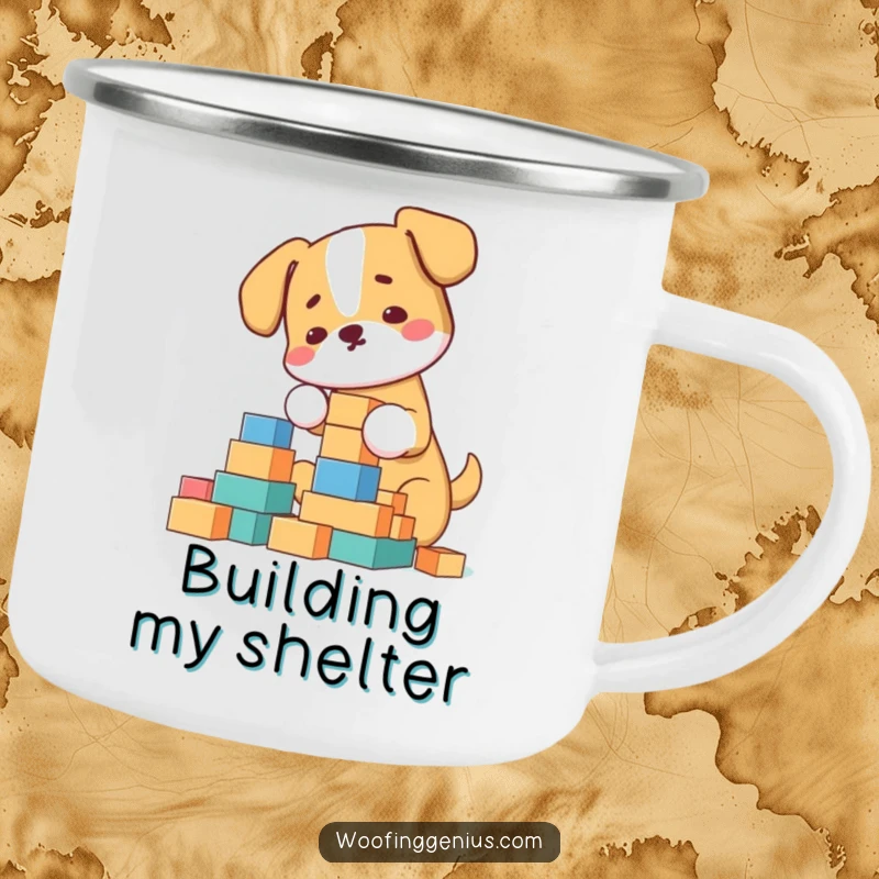 Funny Camping Mug: Dog meticulously building a towering block structure, a humorous and durable outdoor mug.