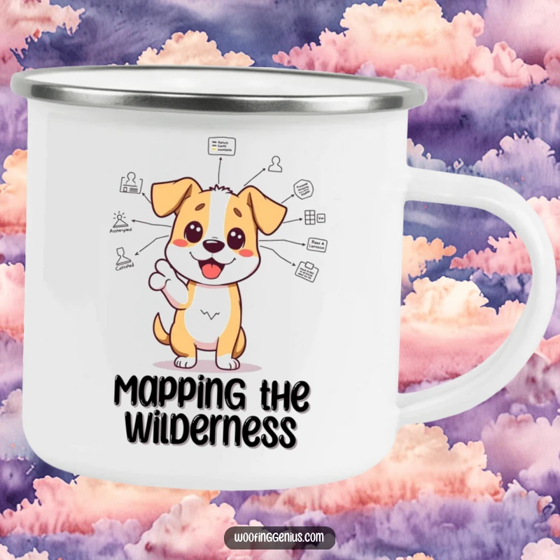 Funny brainy dog camping mug: an excited dog gestures towards a complex diagram, ideal for smart conversations around the campfire.