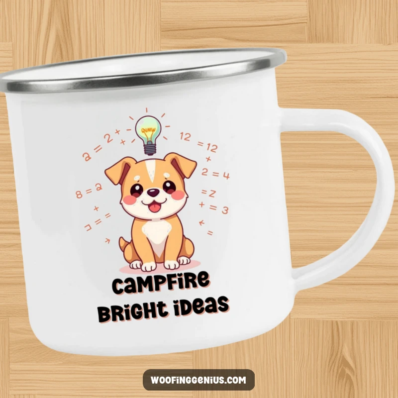 Funny dog camping mug with a dog surrounded by floating equations, a bright lightbulb symbolizing an idea above.