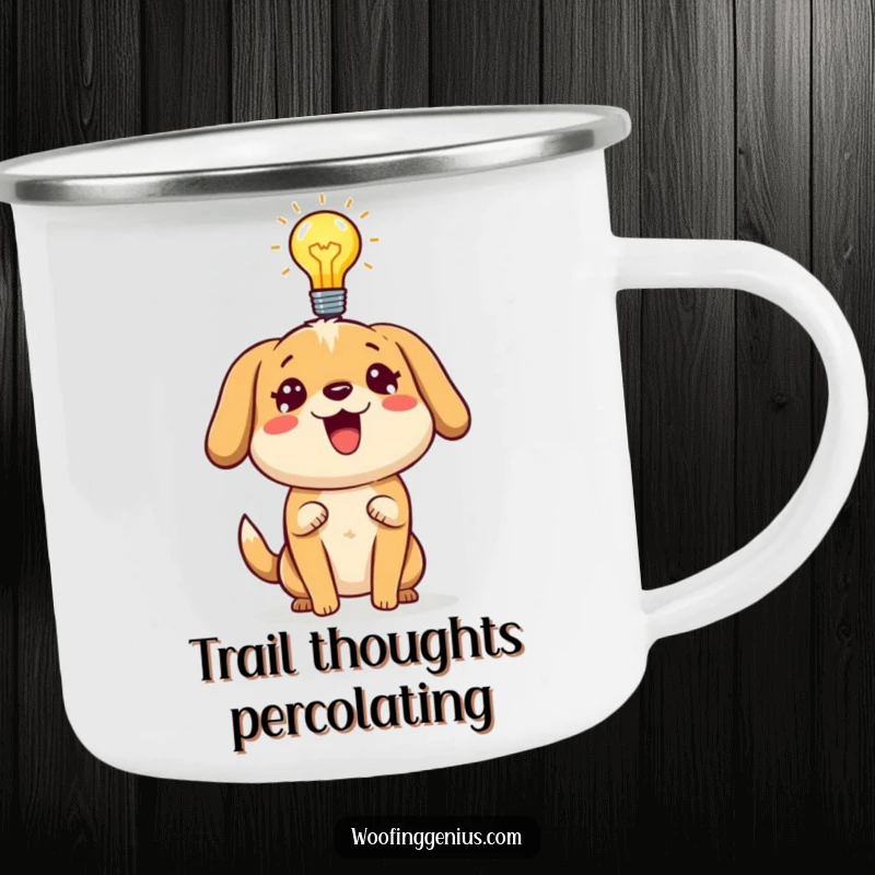 Funny dog camping mug featuring a dog with a lightbulb, perfect for outdoor brainstorming sessions.